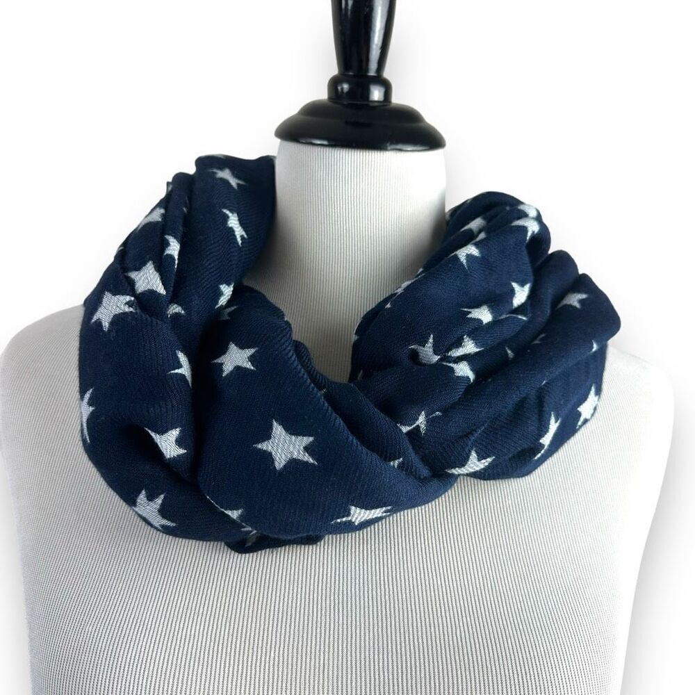 Gap Womens‎ Navy Blue White Star Print Viscose Wool Blend Frayed Edge Scarf - Picture 2 of 7